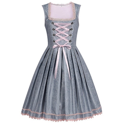 Dirndljurk in grijs – Oktoberfest | Met roze kanten schort voor een elegante traditionele stijl