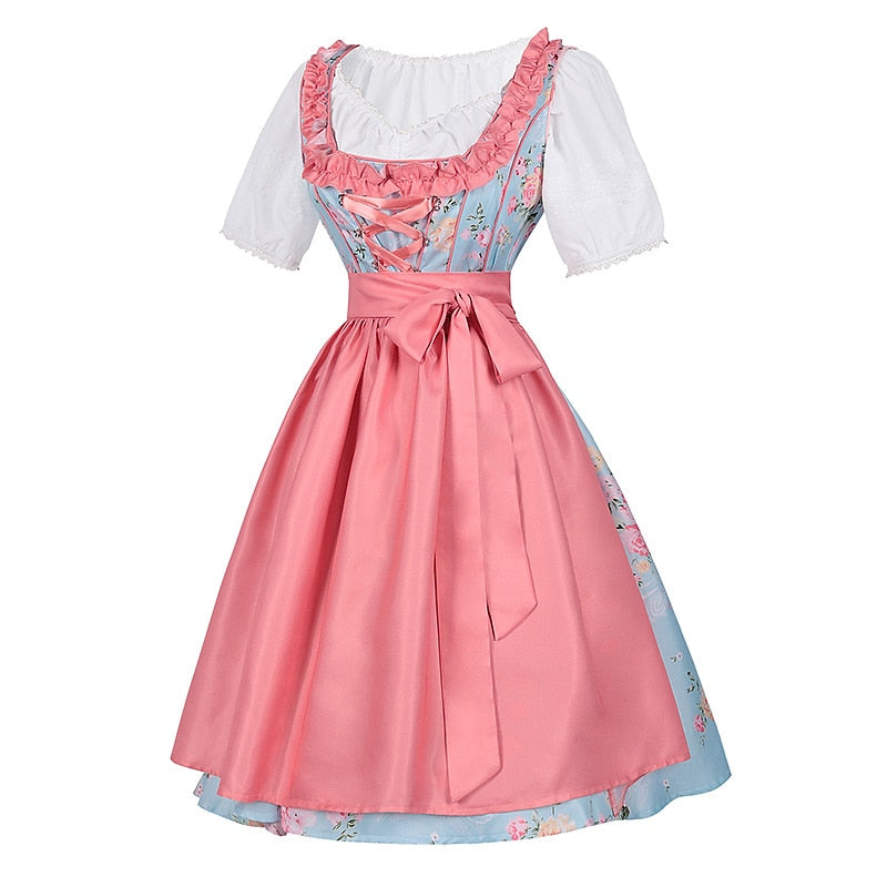 Dirndljurk met roze bloemenpatroon – Oktoberfest | Met schort en blouse voor een romantische, traditionele look