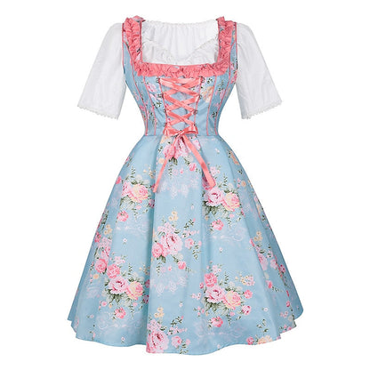 Dirndljurk met roze bloemenpatroon – Oktoberfest | Met schort en blouse voor een romantische, traditionele look