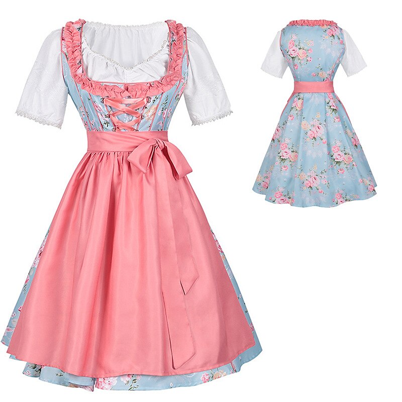Dirndljurk met roze bloemenpatroon – Oktoberfest | Met schort en blouse voor een romantische, traditionele look