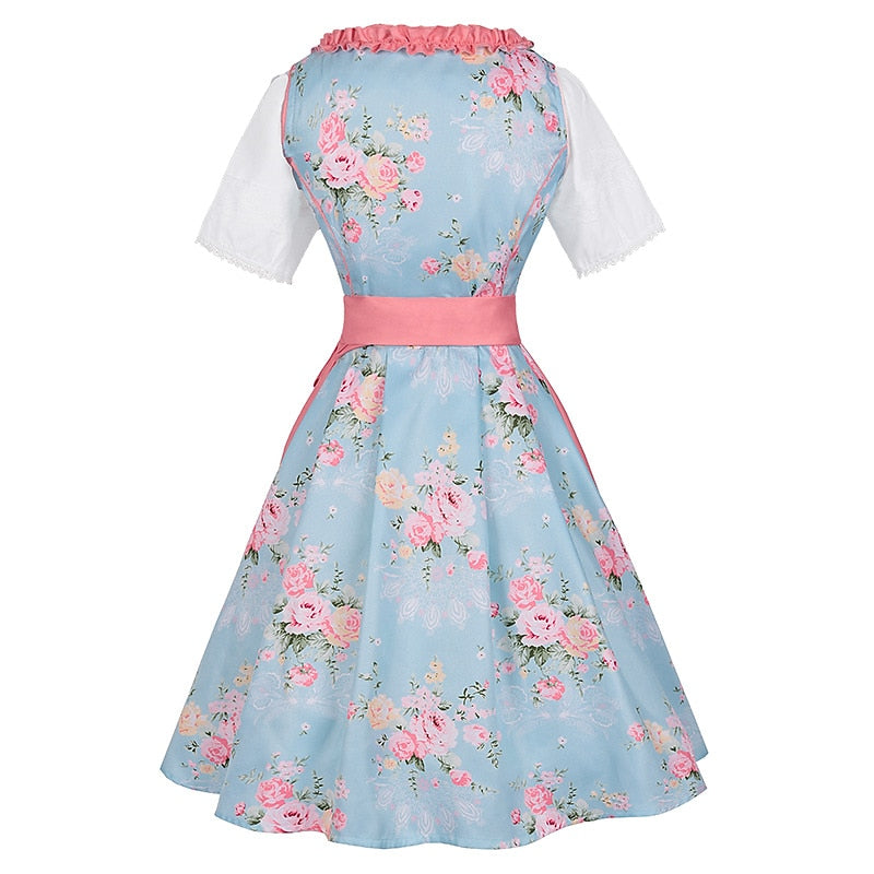 Dirndljurk met roze bloemenpatroon – Oktoberfest | Met schort en blouse voor een romantische, traditionele look