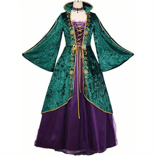 Fluwelen Halloween Hocus Pocus-kostuumjurk met lange mouwen | Maxi