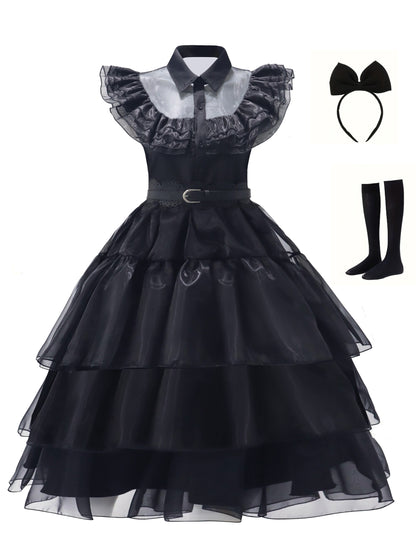 Gothic Ruffle Halloween-filmkostuumjurk voor dames | Gelaagde midi-set