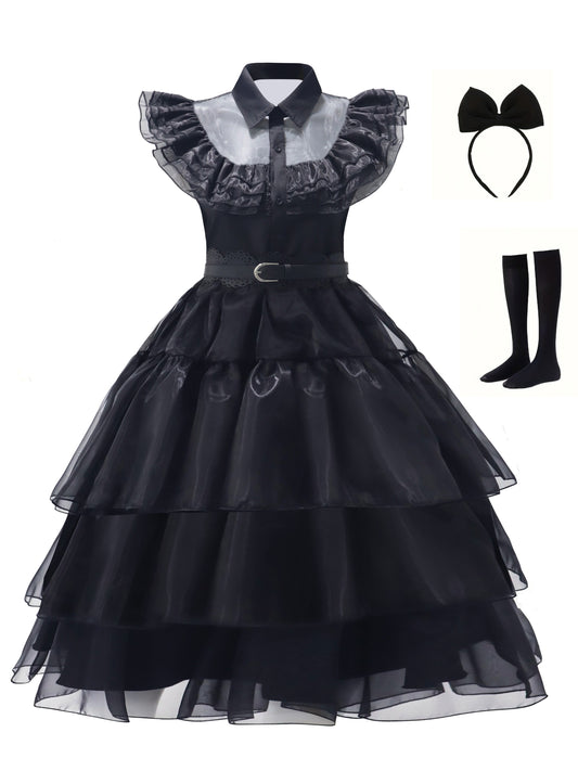 Gothic Ruffle Halloween-filmkostuumjurk voor dames | Gelaagde midi-set