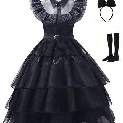 Gothic Ruffle Halloween-filmkostuumjurk voor dames | Gelaagde midi-set