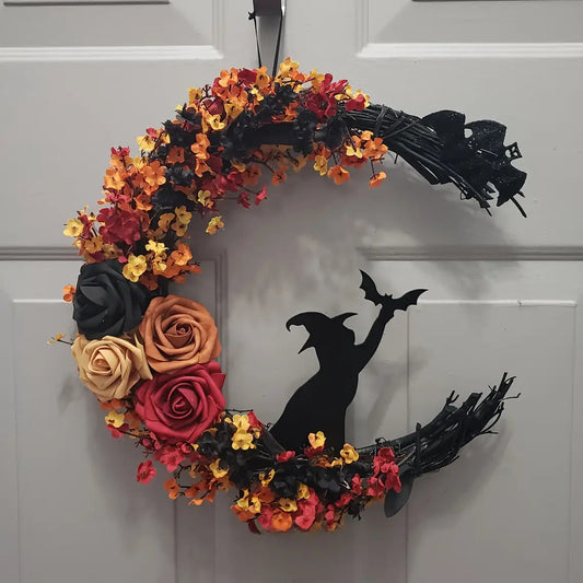 Halloween rustieke heksenbloemenkrans | Halve maan deurdecoratie