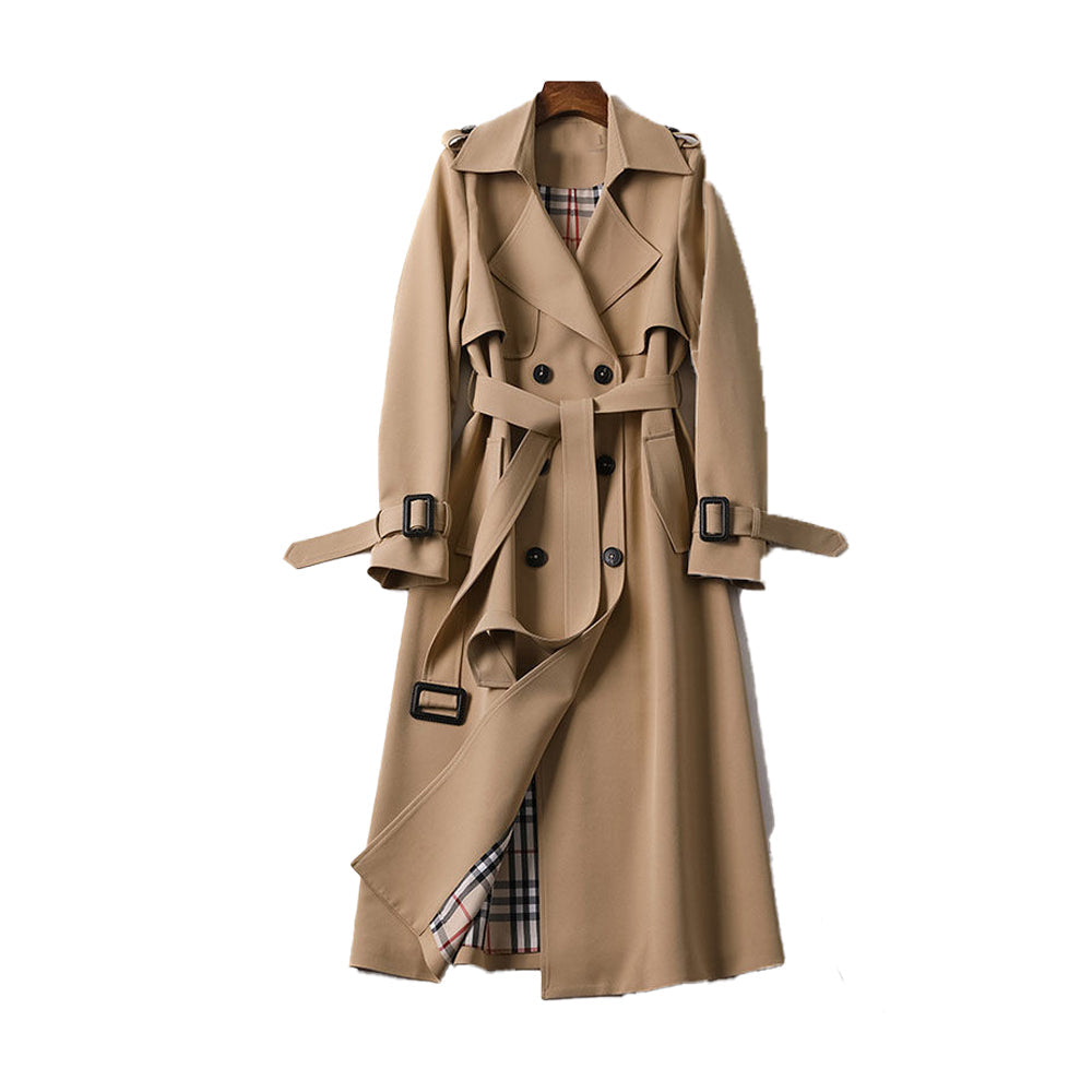 Dames lange trenchcoat – Dubbelgeknoopt – Afneembare riem – Diepe Zakken