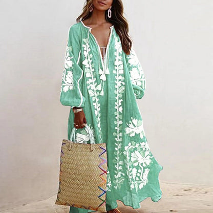 Maxi-jurk voor dames – Lange mouwen – Bloemenmotief – Losse pasvorm