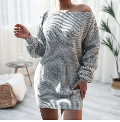 Off-shoulder gebreide jurk voor dames – Lantaarnmouwen – Relaxed fit – Elegante stijl