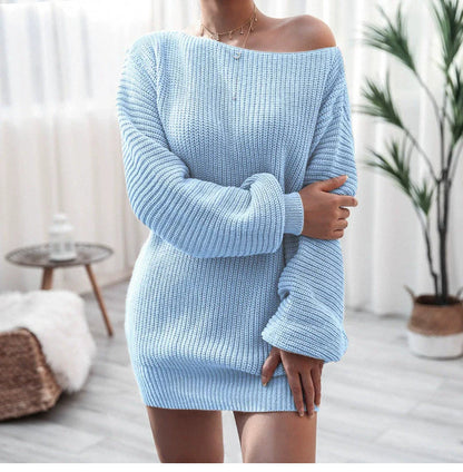Off-shoulder gebreide jurk voor dames – Lantaarnmouwen – Relaxed fit – Elegante stijl