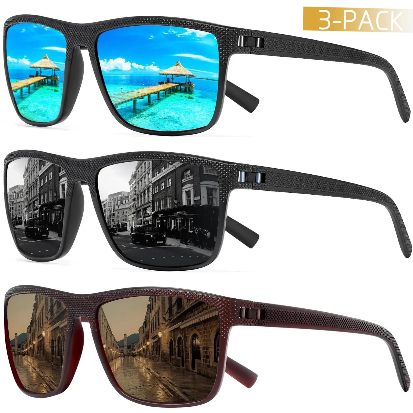 Unisex zonnebril – Gepolariseerde glazen – UV400-bescherming – Set van 3 stuks
