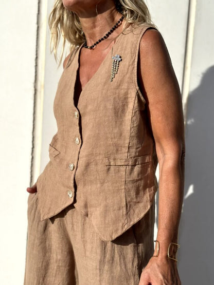 Zomerset voor dames – Ademend linnen – Elegante bruine kleur – Tweedelige outfit