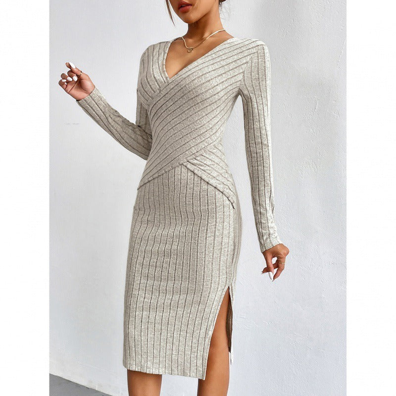 Elegante midi-jurk voor dames – Slim fit wikkeljurk – Split aan de zijkant – Lange mouwen