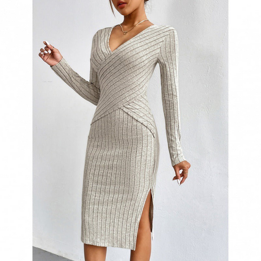 Elegante midi-jurk voor dames – Slim fit wikkeljurk – Split aan de zijkant – Lange mouwen