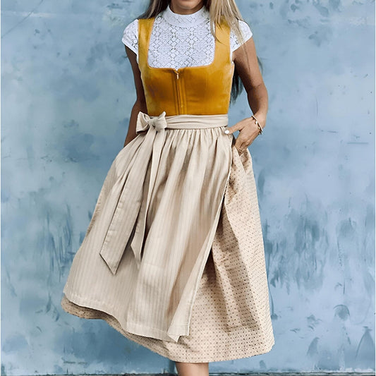 Vintage dirndljurk in oranje – Oktoberfest | Met beige schort voor een nostalgische traditionele look