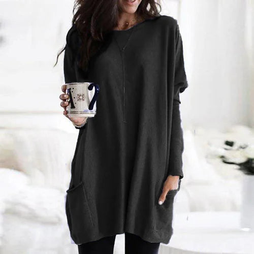 Casual Losvallende Lange Mouwen Dames Tuniek Trui Met Zakken – Oversized Pasvorm – Zachte Stof – Praktische Zakken