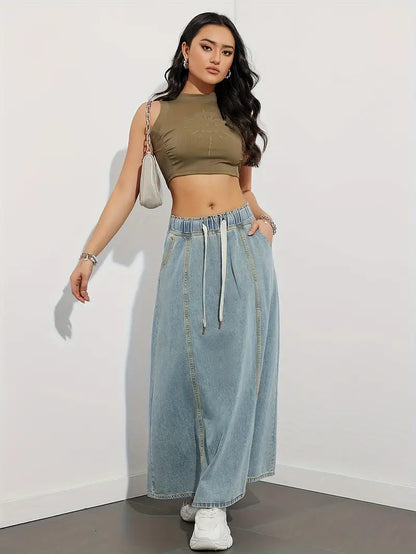 Dames A-Lijn Denim Lange Rok met Elastische Tailleband voor Dagelijks Gebruik met Praktische Steekzakken-5