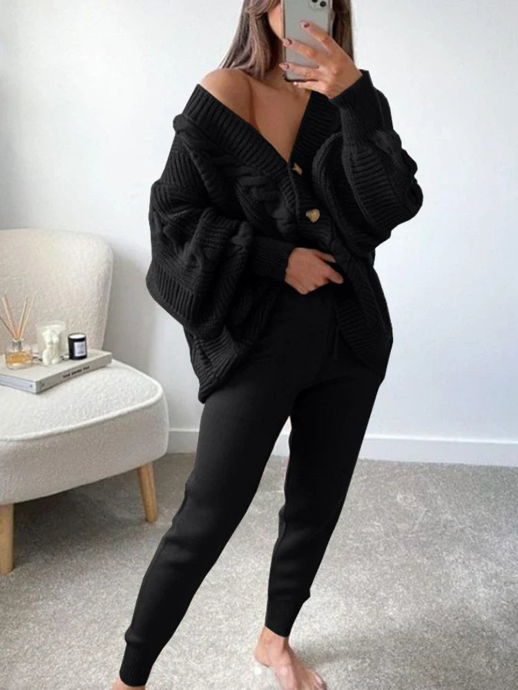 Dames Gebreide Twee-Delige Set | Knoopsluiting Vest, Slim Fit Broek, Casual Stijl