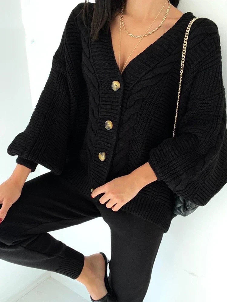 Dames Gebreide Twee-Delige Set | Knoopsluiting Vest, Slim Fit Broek, Casual Stijl