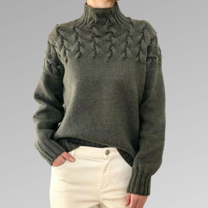 Dames Hooggesloten Kabelgebreide Trui | Klassieke Lange Mouwen Pullover