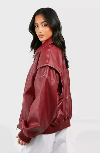 Dames Imitatie Leren Bomberjack | Oversized Pasvorm, Ritssluiting, Lichtgewicht, Casual Stijl
