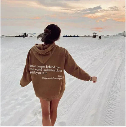 Dames Inspirerende Grafische Hoodie | Oversized 'Dear Person Behind Me' Sweater