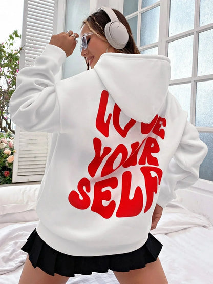 Dames 'Love Yourself' Grafische Hoodie | Casual Oversized Lange Mouwen Sweater