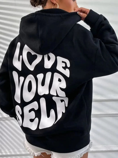 Dames 'Love Yourself' Grafische Hoodie | Casual Oversized Lange Mouwen Sweater