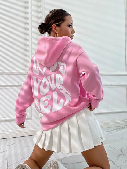 Dames 'Love Yourself' Grafische Hoodie | Casual Oversized Lange Mouwen Sweater