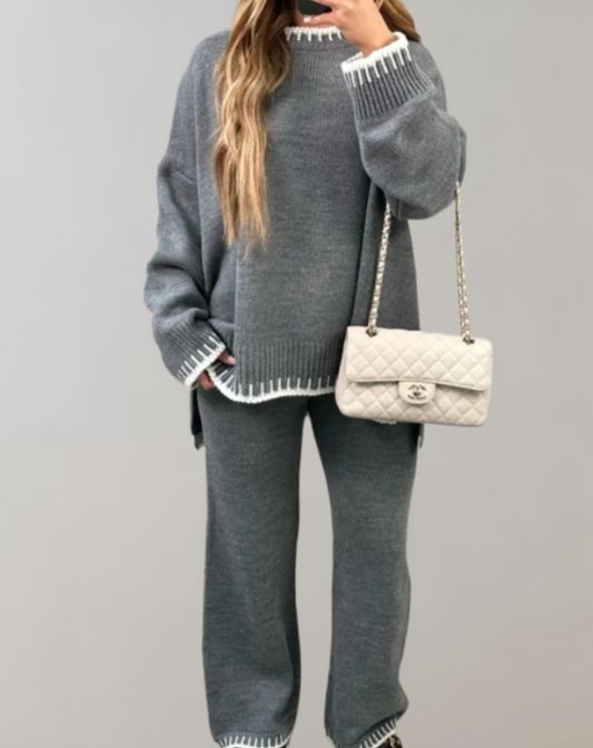 Gebreide tweedelige damesset - oversized - comfortabele trui - broek met wijde pijpen