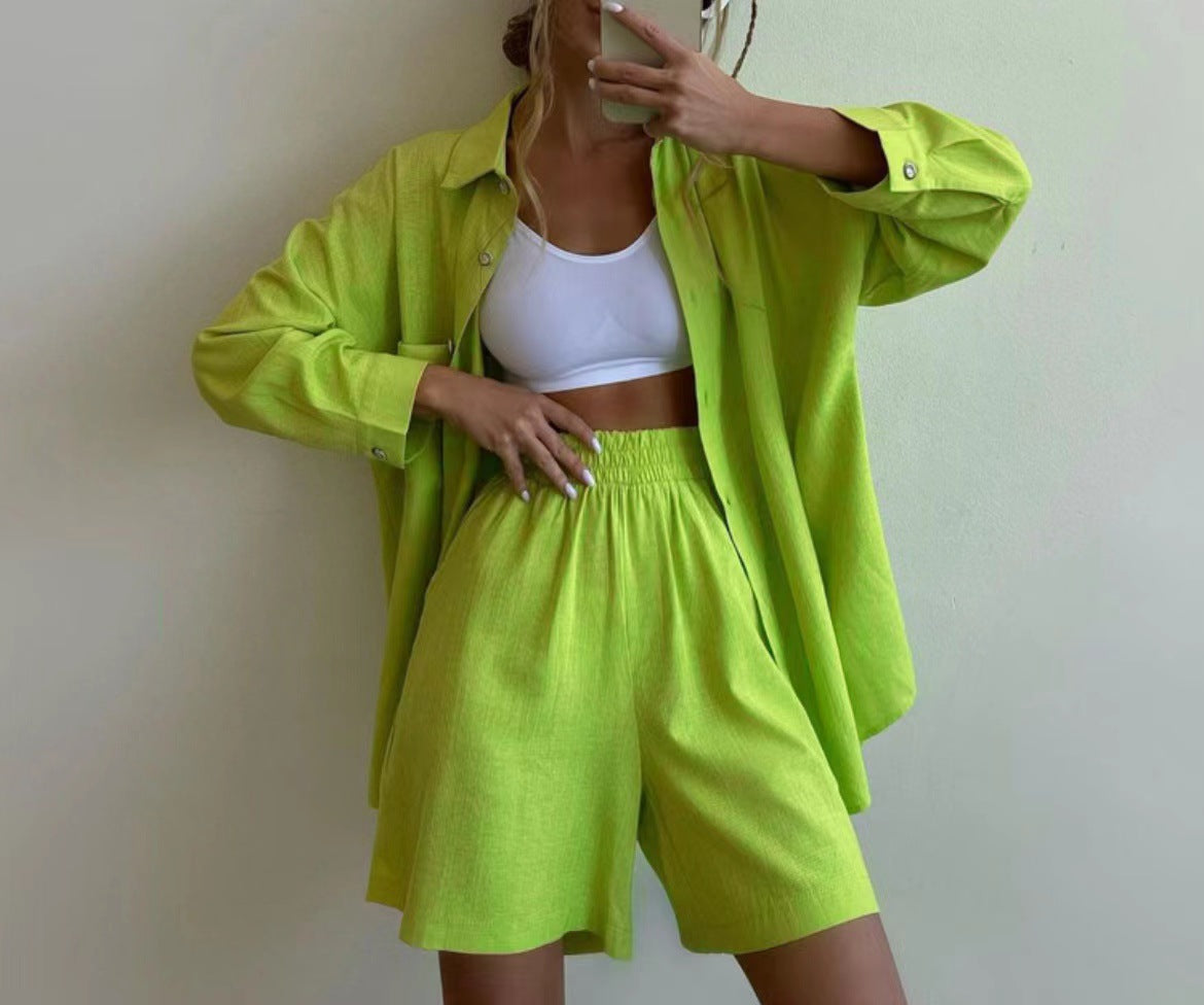 Elegante Twee-delige Dames Set - Oversized Blouse - High-Waist Shorts - Vlasmateriaal