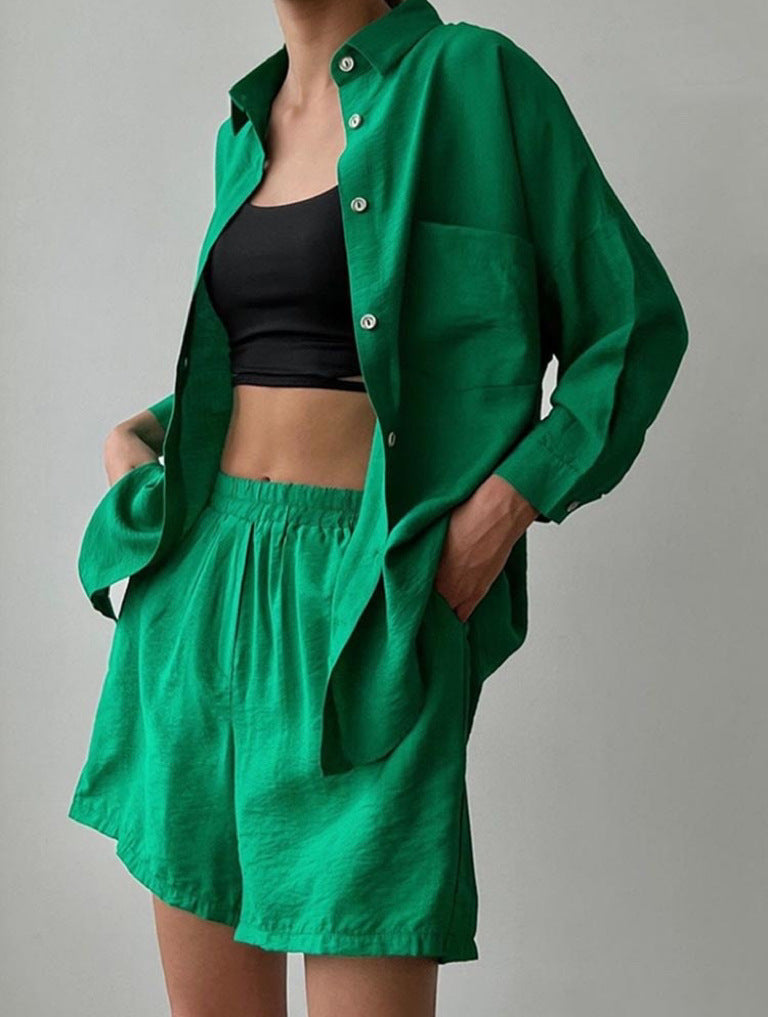 Elegante Twee-delige Dames Set - Oversized Blouse - High-Waist Shorts - Vlasmateriaal