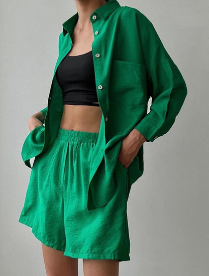 Elegante Twee-delige Dames Set - Oversized Blouse - High-Waist Shorts - Vlasmateriaal