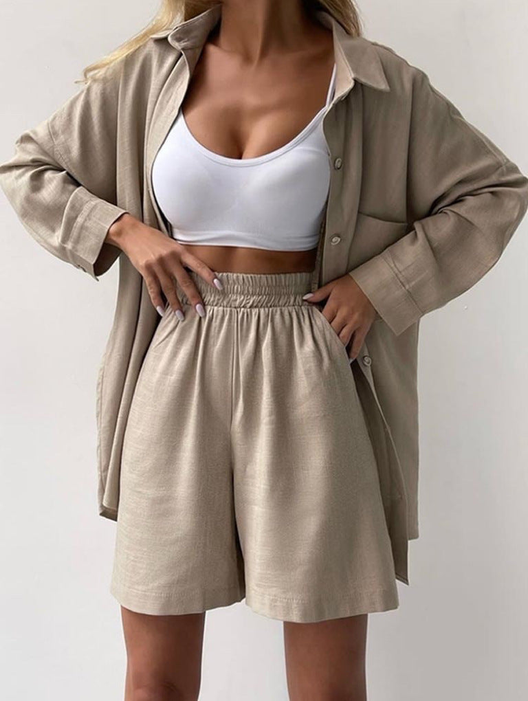 Elegante Twee-delige Dames Set - Oversized Blouse - High-Waist Shorts - Vlasmateriaal