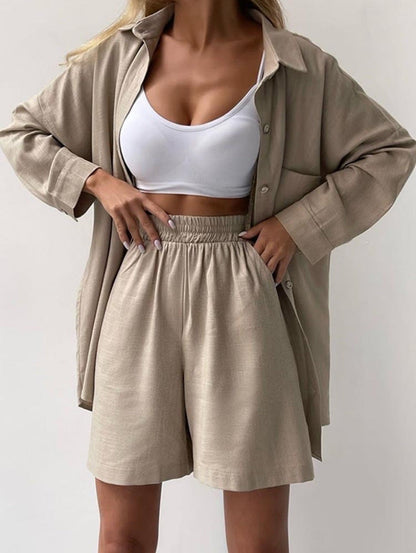 Elegante Twee-delige Dames Set - Oversized Blouse - High-Waist Shorts - Vlasmateriaal