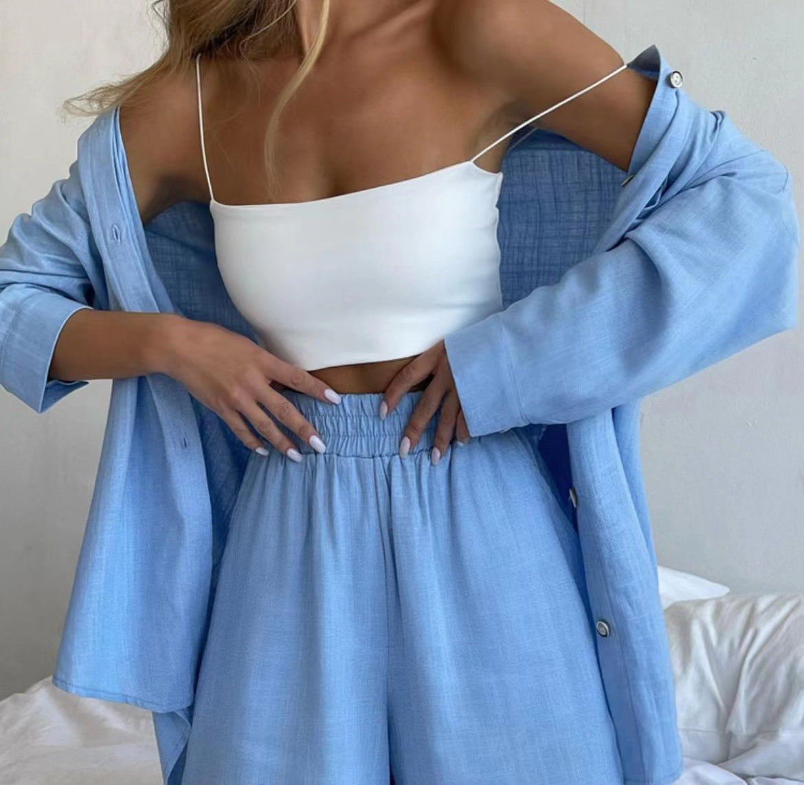 Elegante Twee-delige Dames Set - Oversized Blouse - High-Waist Shorts - Vlasmateriaal
