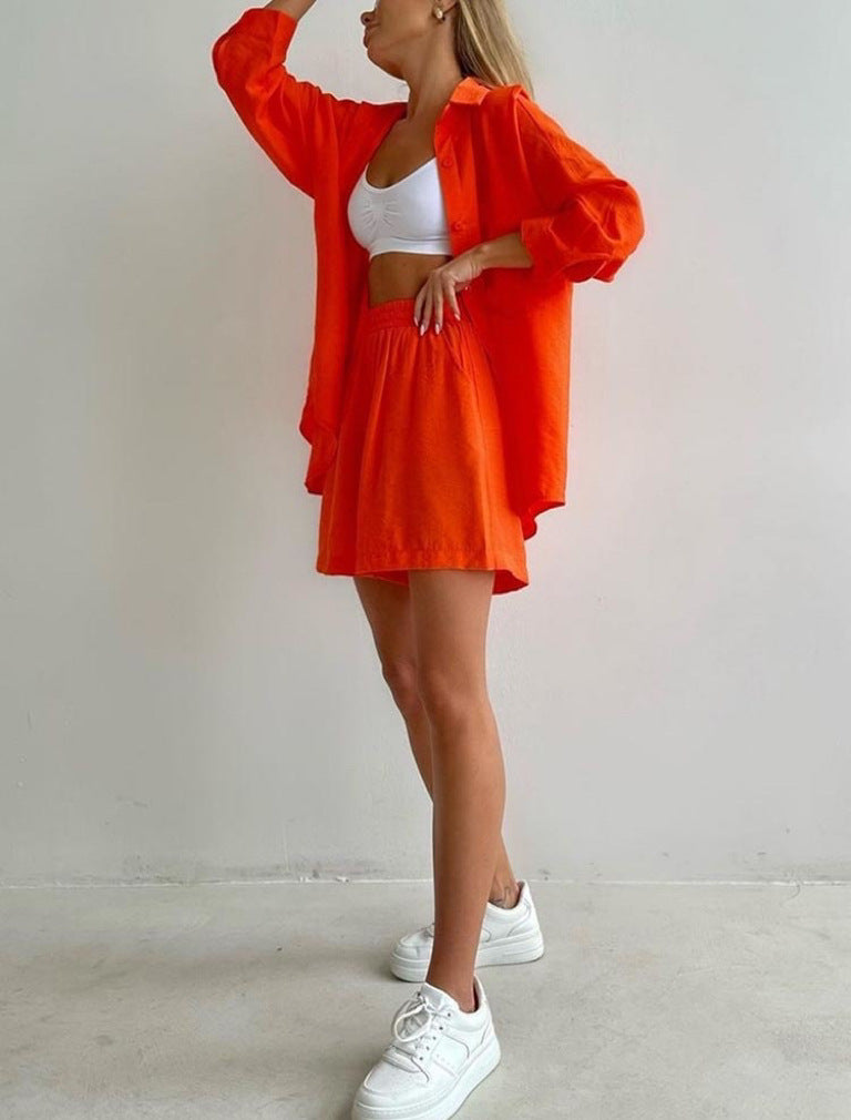 Elegante Twee-delige Dames Set - Oversized Blouse - High-Waist Shorts - Vlasmateriaal