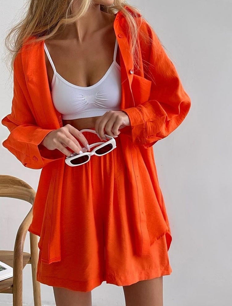 Elegante Twee-delige Dames Set - Oversized Blouse - High-Waist Shorts - Vlasmateriaal