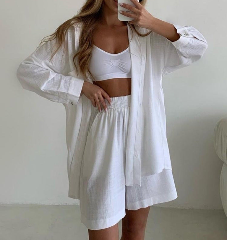 Elegante Twee-delige Dames Set - Oversized Blouse - High-Waist Shorts - Vlasmateriaal