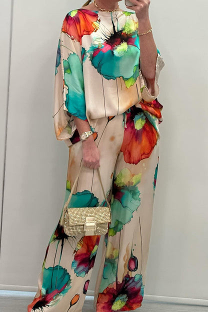 Stijlvolle en veelzijdige damesoutfitset- Artistieke bloemenprint - Losse pasvorm - Levendige kleuren