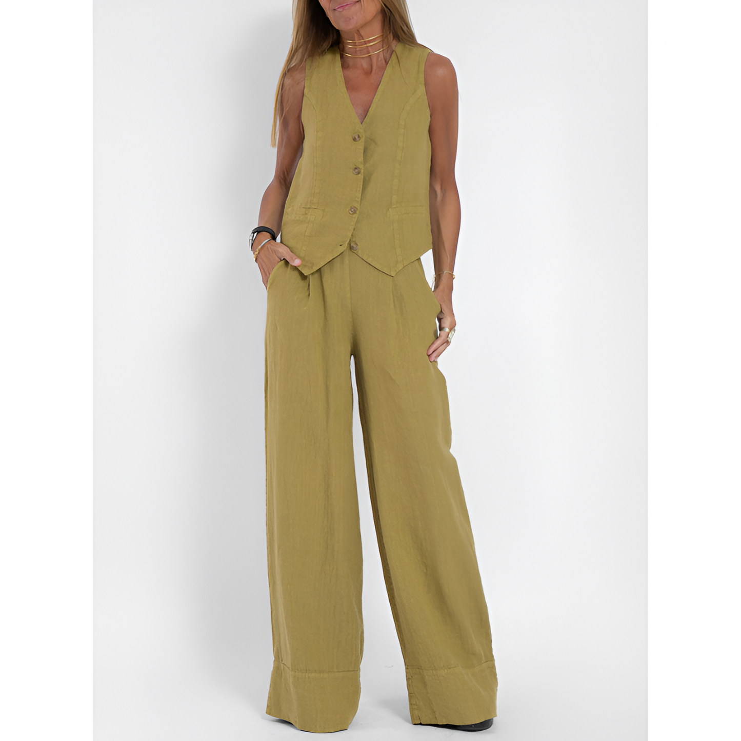 Dames Set - Geknoopt Vest - Brede Pantalon - Elegante Uitstraling