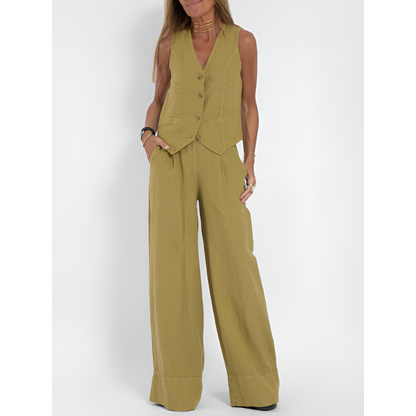 Dames Set - Geknoopt Vest - Brede Pantalon - Elegante Uitstraling