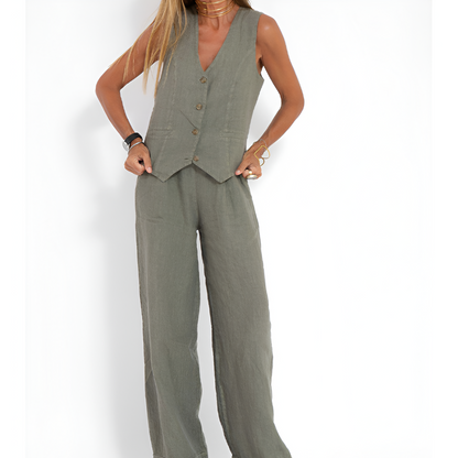 Dames Set - Geknoopt Vest - Brede Pantalon - Elegante Uitstraling