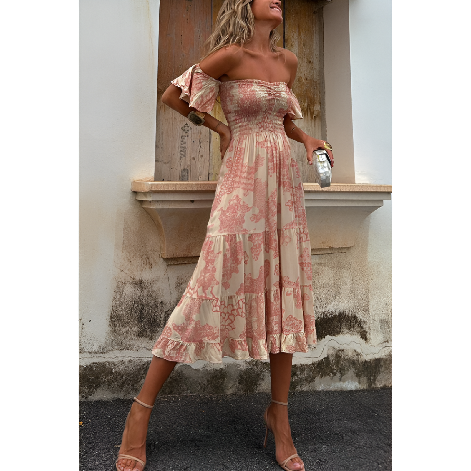 Dames Jurk - Off-Shoulder - Gesmokt - Midi