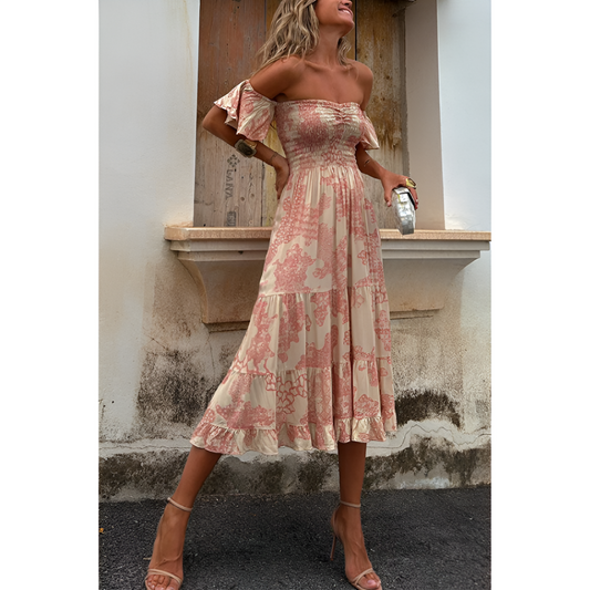 Dames Jurk - Off-Shoulder - Gesmokt - Midi