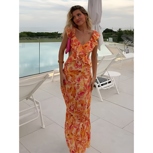 Dames Kleed - Maxi Lengte - Ruffles - Bloemmotief
