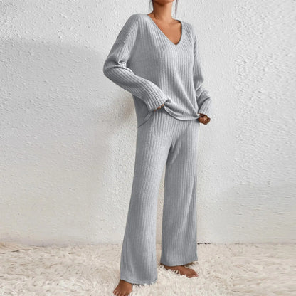 Geribbelde 2-Delige Dames Set - Geribbelde Stof - V-Hals Trui - Relaxed Fit