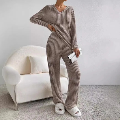 Geribbelde 2-Delige Dames Set - Geribbelde Stof - V-Hals Trui - Relaxed Fit