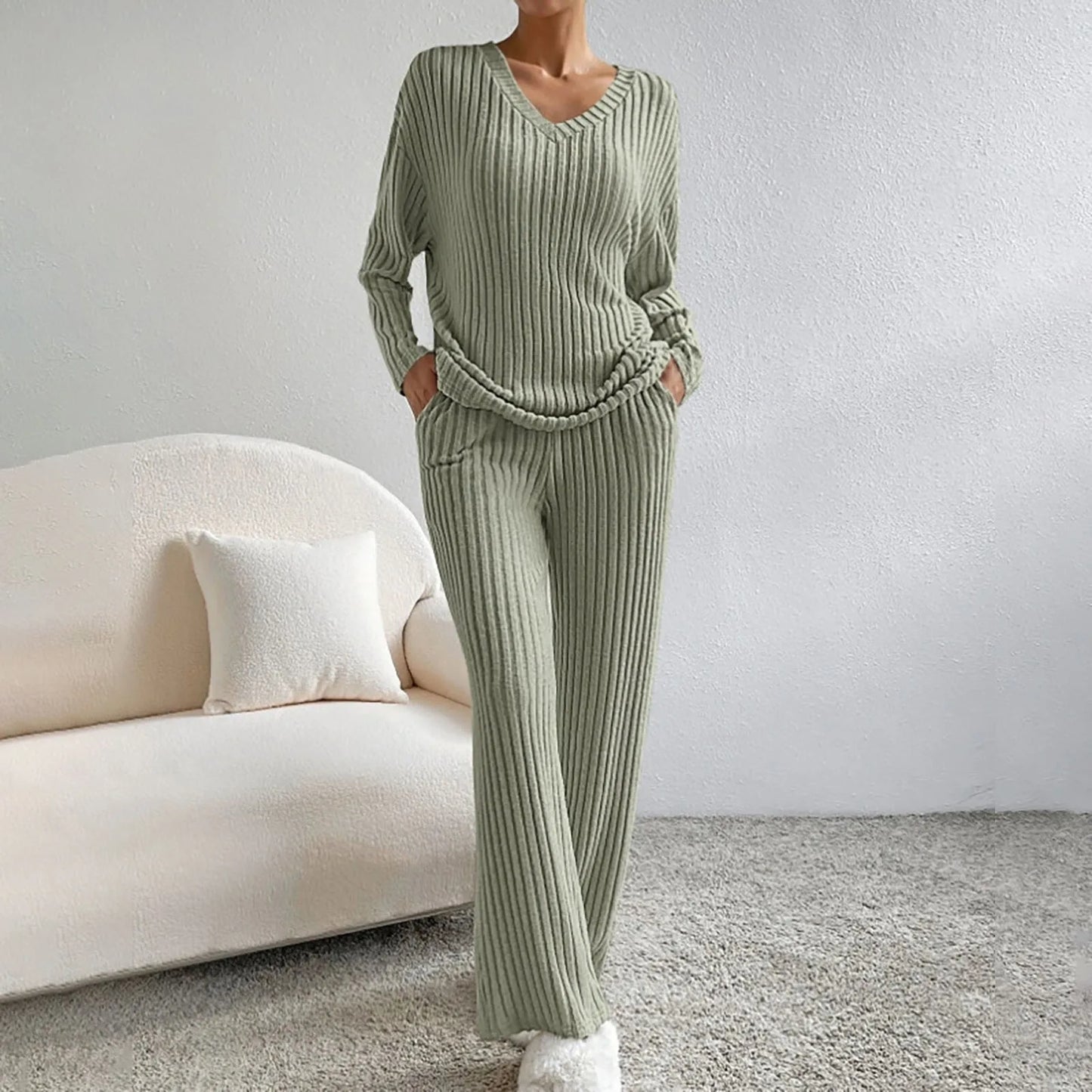 Geribbelde 2-Delige Dames Set - Geribbelde Stof - V-Hals Trui - Relaxed Fit