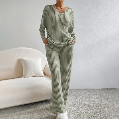 Geribbelde 2-Delige Dames Set - Geribbelde Stof - V-Hals Trui - Relaxed Fit